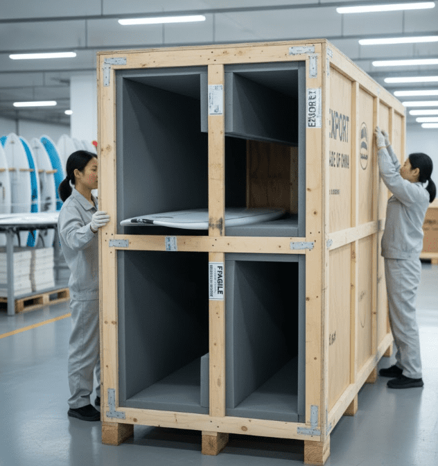 Workers placed carbon fiber surfboards into wooden boxes lined with foam. The boxes were affixed with shockproof labels and exit signs. The site was clean and bright
