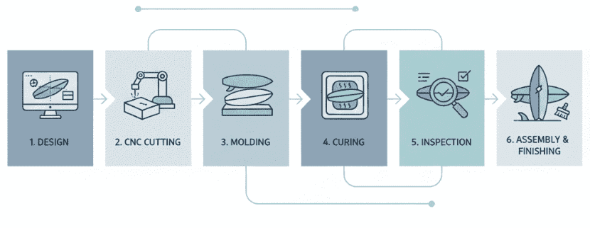 An infographic of the production process of surfboards from design to assembly, including design, CNC, mold making, curing, inspection and other steps, with a simple and clean flat style