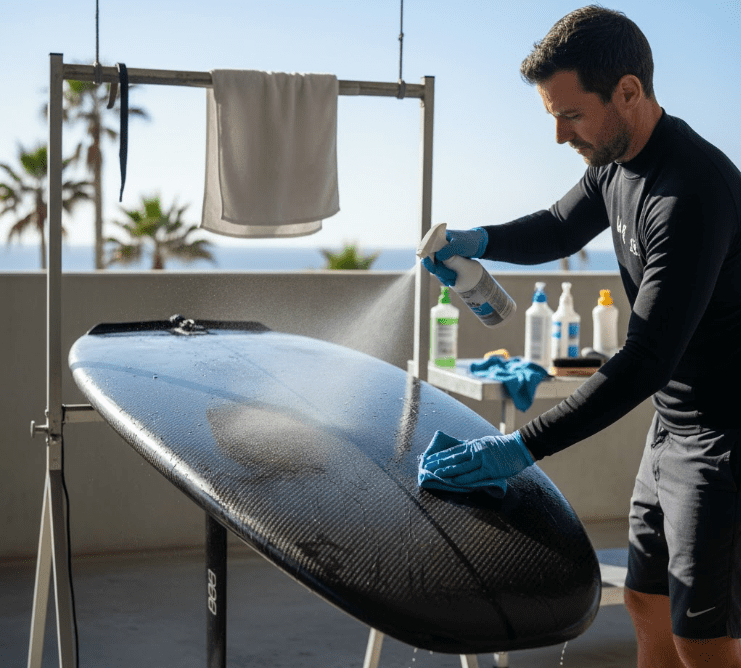 rinsing, spraying, and drying carbon fiber hydrofoil surfboard for corrosion protection
