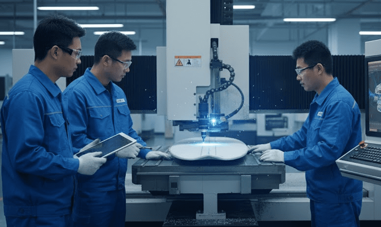 In a modern industrial factory, a group of engineers and technicians are operating high-precision CNC equipment and carbon fiber molds, wearing blue work clothes and protective glasses, with screens displaying the structural design drawings of surfboards. The visuals present a professional team collaboration and a high-tech production atmosphere. The industrial lighting features a blue-gray tone, emphasizing professionalism and dedication