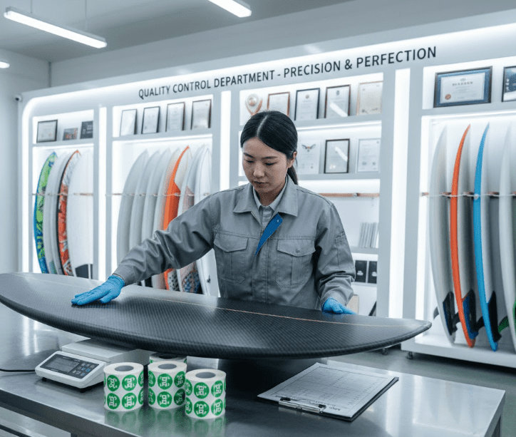 Quality inspectors in the factory check the surface smoothness, balance and weight accuracy of carbon fiber surfboards. On the table are placed quality inspection reports and products with QC qualification labels. The background features neatly stacked surfboards and a wall displaying quality certificates, creating an overall atmosphere that is professional, tidy and orderly