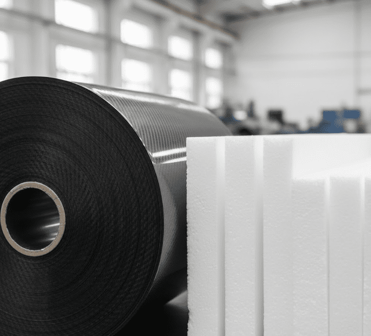The entire roll of carbon fiber pre-impregnated material and the white PMI foam core material are neatly arranged. Close-up shots show the texture details, with soft and clean light