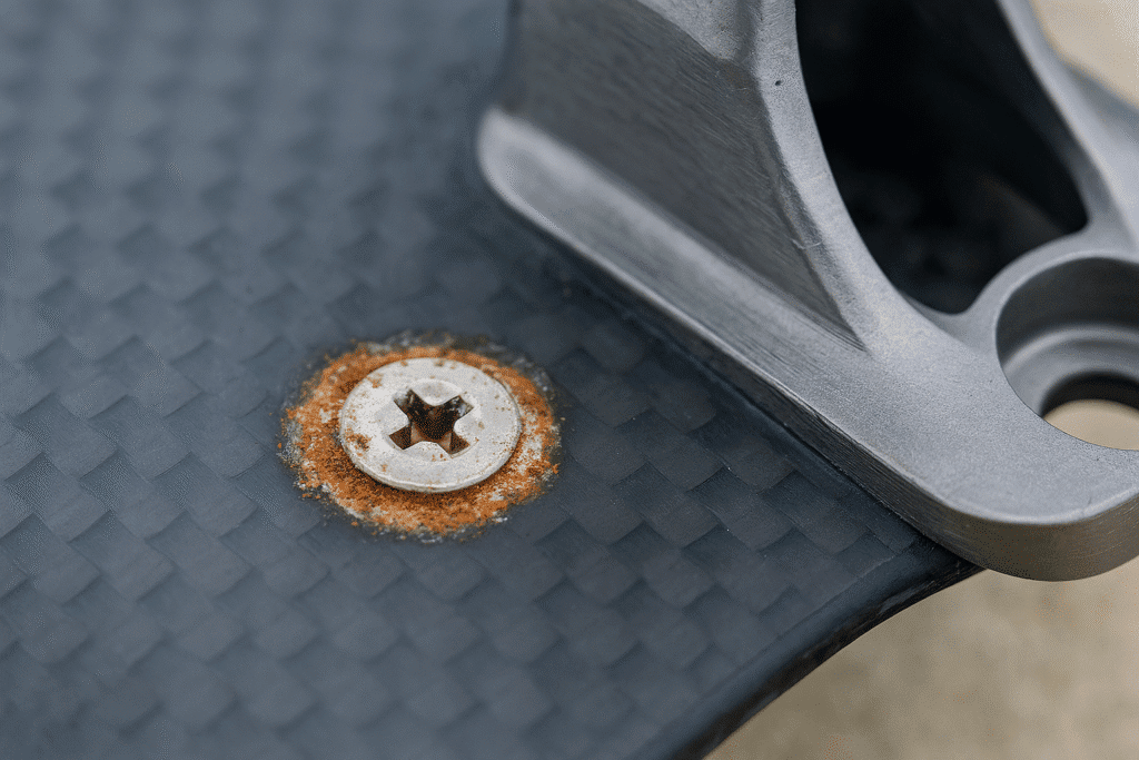 corroded aluminum insert on hydrofoil surfboard due to saltwater