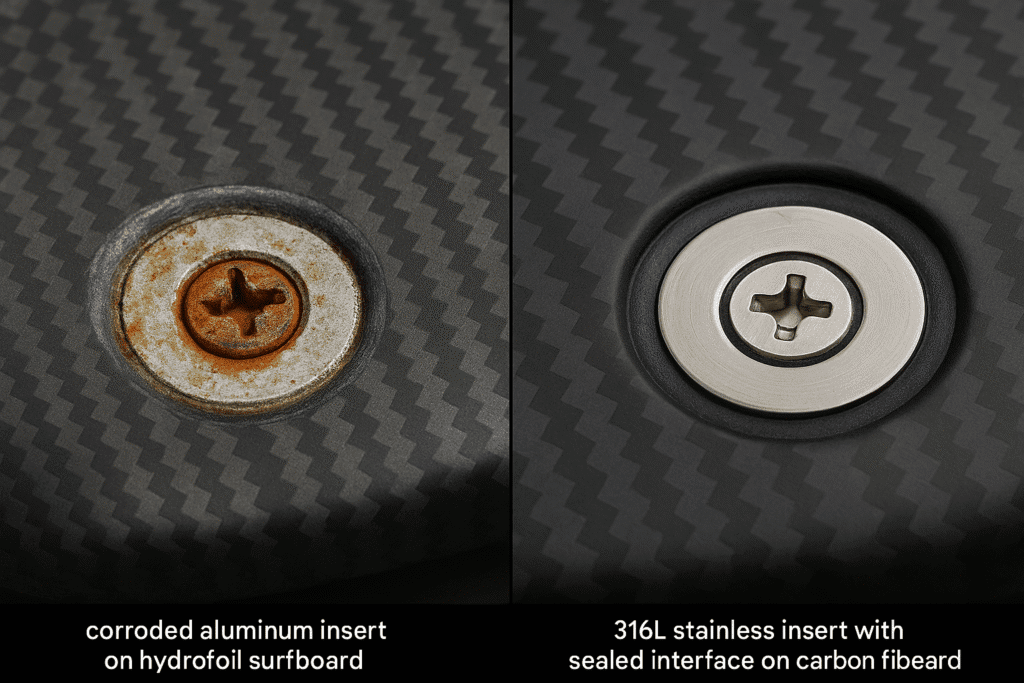 316L stainless insert with sealed interface on carbon fiber board