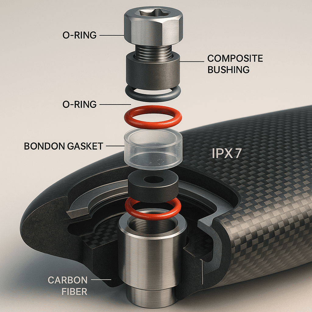 IPX7 sealing with O-rings and bonded gaskets around motor/battery compartment