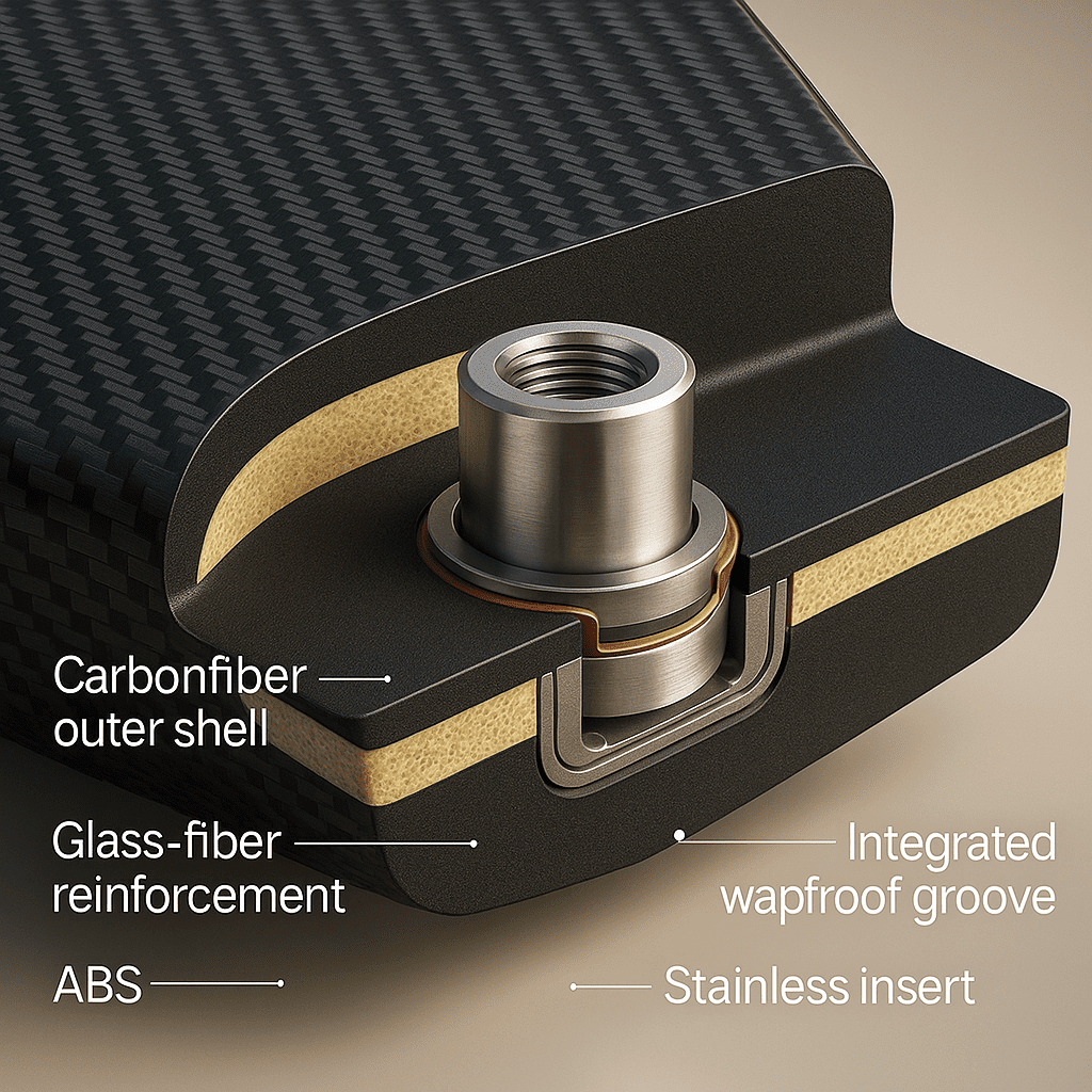 ABS and glass-fiber reinforcement around inserts to prevent leaks