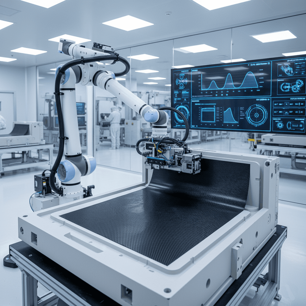 The automated mechanical arm lays the carbon fiber pre-impregnated material on the mold. The background is a clean intelligent workshop equipped with temperature and pressure monitoring screens