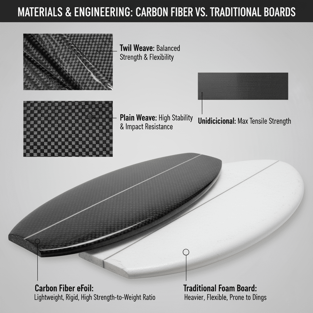 Close-up shots of the carbon fiber layers, showcasing the different weaves and their contribution to the board's structural integrity. Consider a comparison image showing a traditional board next to a carbon fiber eFoil to highlight the difference in weight and material structure.