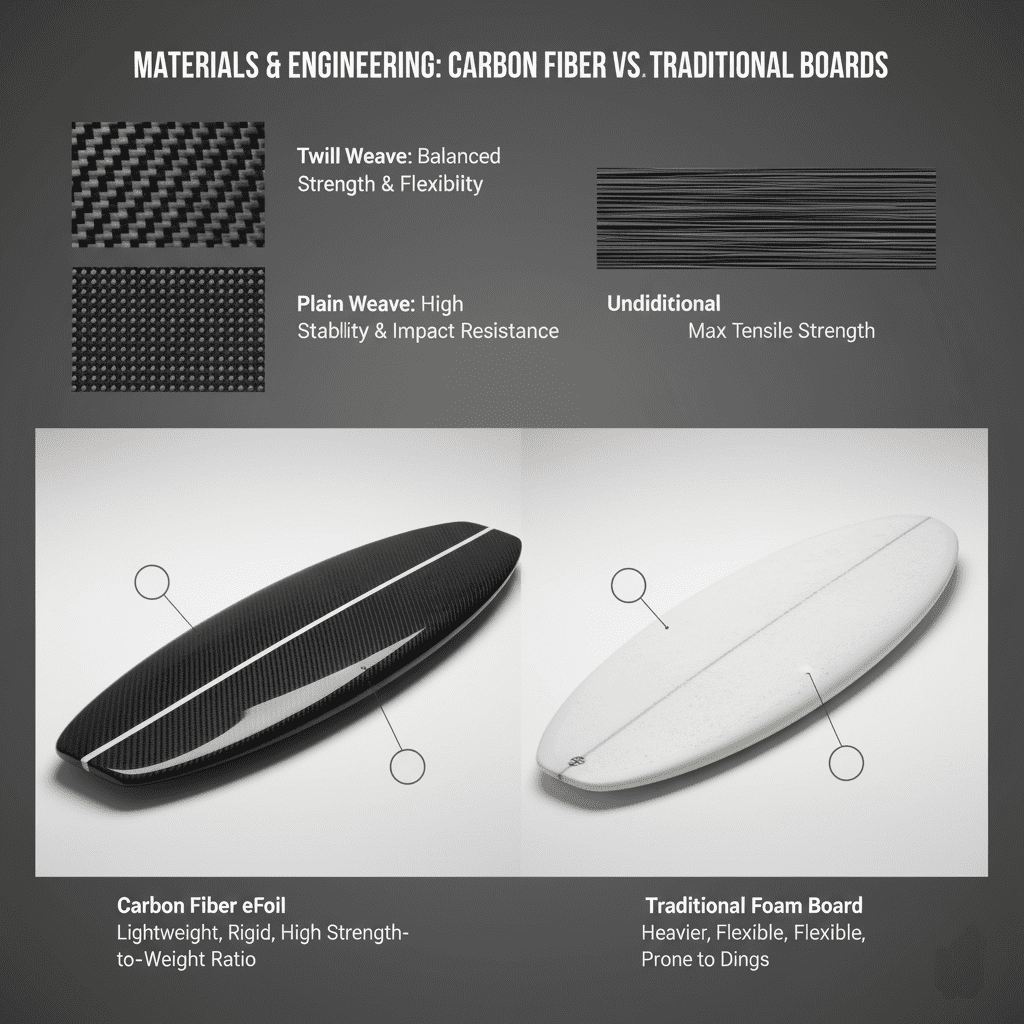 Close-up shots of the carbon fiber layers, showcasing the different weaves and their contribution to the board's structural integrity. Consider a comparison image showing a traditional board next to a carbon fiber eFoil to highlight the difference in weight and material structure.