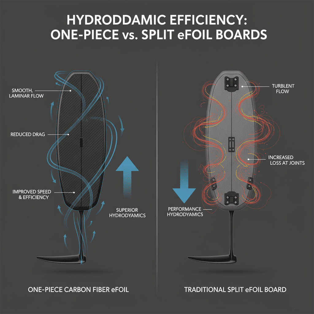 A diagram of water flow around a one-piece eFoil versus a split board, clearly showing how the seamless construction reduces turbulence and drag. Additionally, an animation or flow visualization could effectively demonstrate the difference in water flow between the two designs.