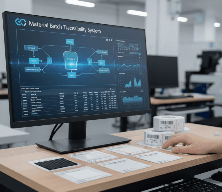 The interface of the material batch tracking system is displayed on the computer screen, with barcode labels and sample cards placed beside it, symbolizing a traceable production system