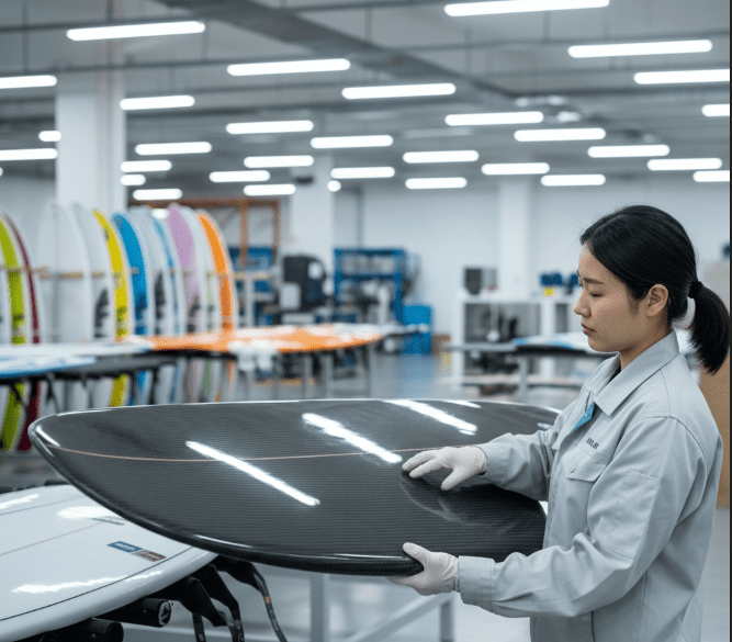 Quality inspectors in the factory check the surface gloss and flatness of finished surfboards, affix inspection qualification labels, and the background shows neatly stacked products