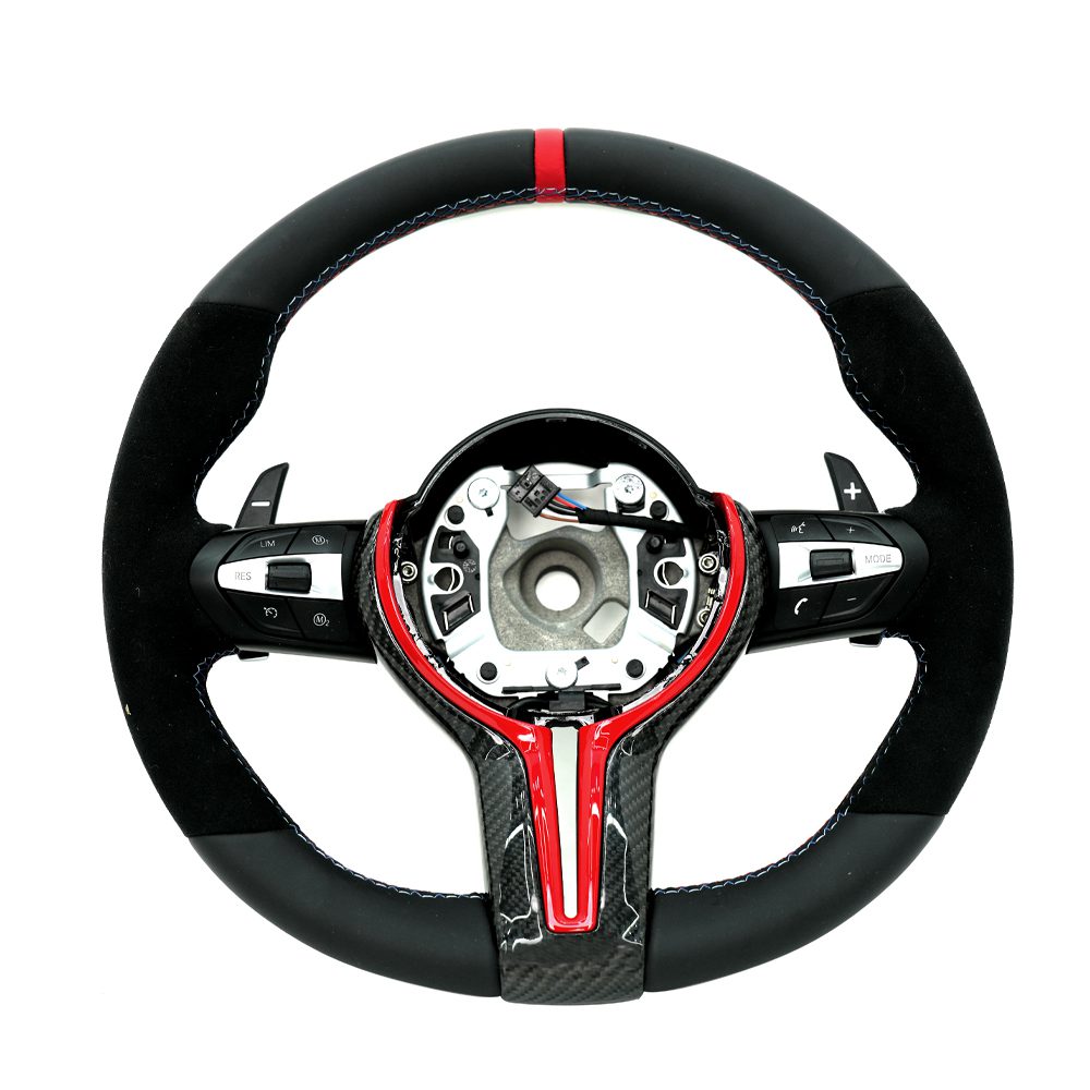 Alcantara Leather Steering Wheel for BMW M series M3 M4 F series F30 F10 F15 F16 Upgraded with Carbon Fiber Steering Wheel Trim Cover Blue/Red (Airbag+Paddles+Buttons+Trim Cover+Flat Bottom)