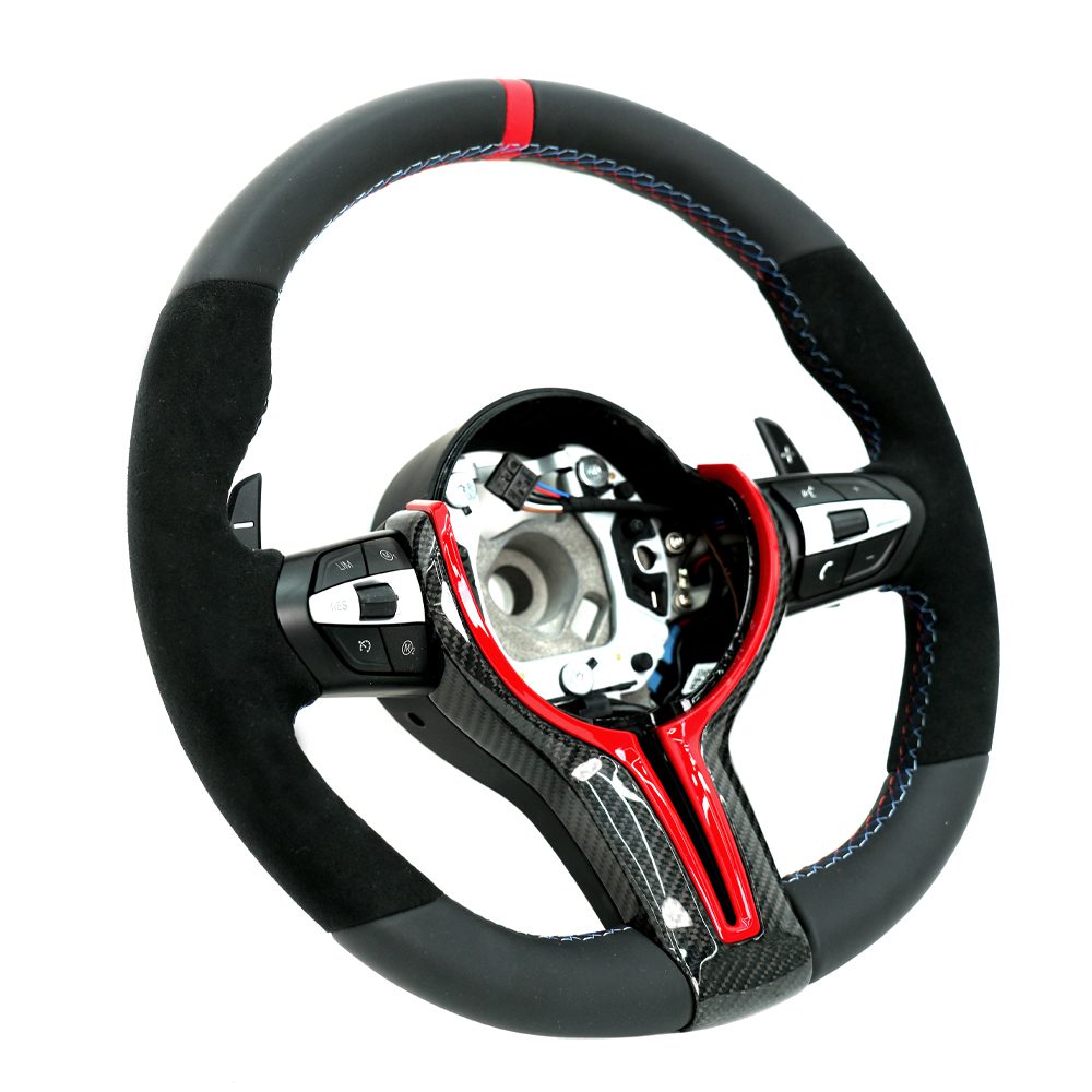 Alcantara Leather Steering Wheel for BMW M series M3 M4 F series F30 F10 F15 F16 Upgraded with Carbon Fiber Steering Wheel Trim Cover Blue/Red (Airbag+Paddles+Buttons+Trim Cover+Flat Bottom)