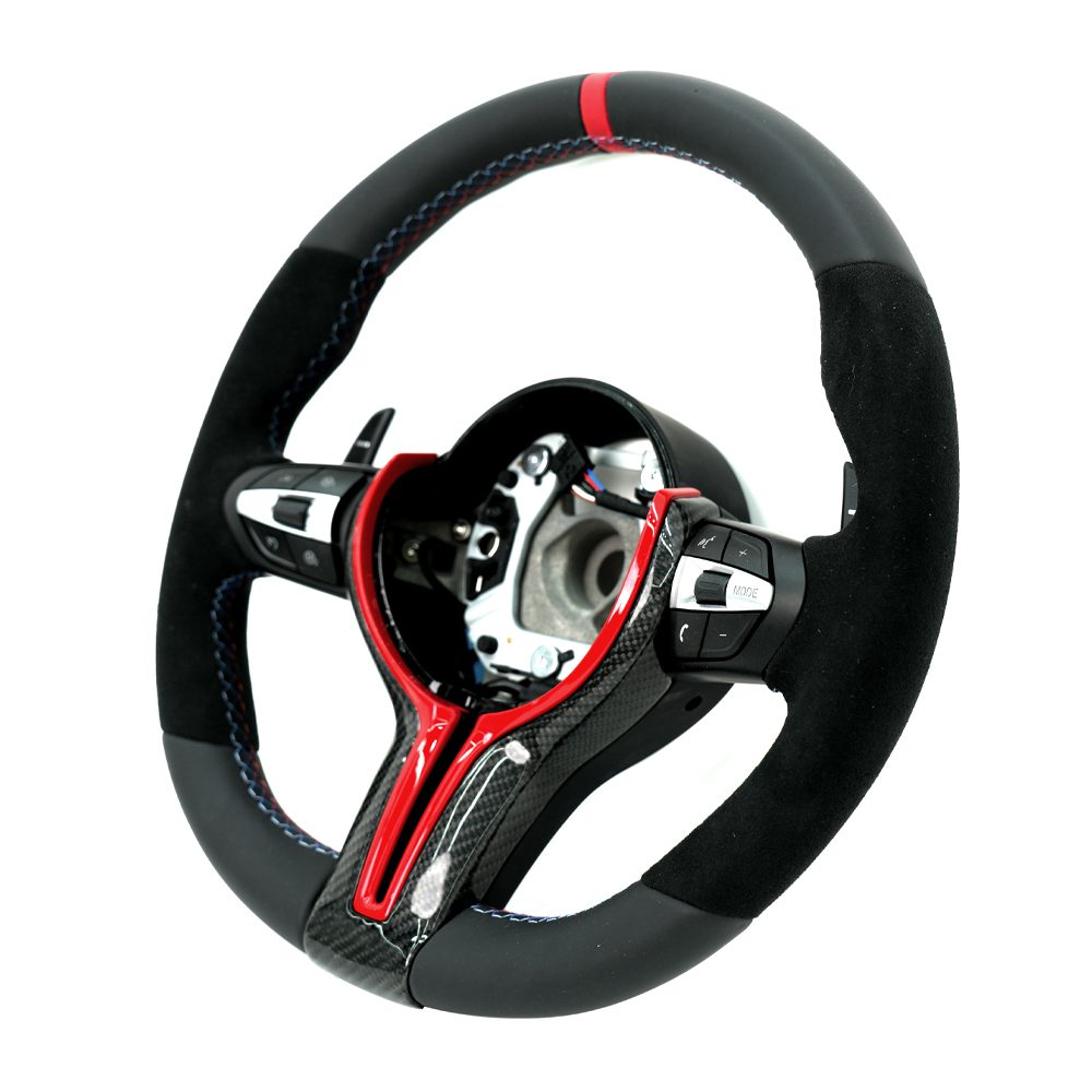 Alcantara Leather Steering Wheel for BMW M series M3 M4 F series F30 F10 F15 F16 Upgraded with Carbon Fiber Steering Wheel Trim Cover Blue/Red (Airbag+Paddles+Buttons+Trim Cover+Flat Bottom)