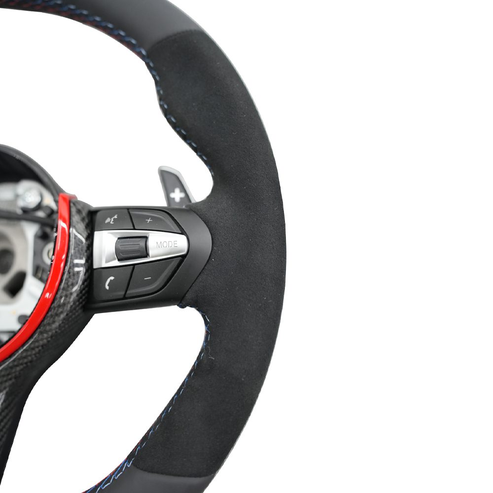 Alcantara Leather Steering Wheel for BMW M series M3 M4 F series F30 F10 F15 F16 Upgraded with Carbon Fiber Steering Wheel Trim Cover Blue/Red (Airbag+Paddles+Buttons+Trim Cover+Flat Bottom)
