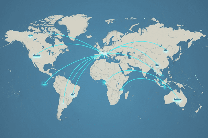 World map-style image, showing logistics routes from China to Europe and America, superimposed with the JCSportline logo and transportation icon