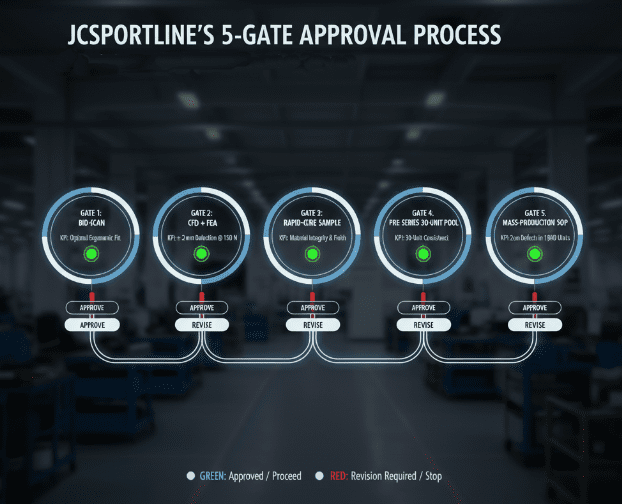 Infographic of JCSPORTLINE’s 5-gate road-map with traffic-light indicators for approval stages