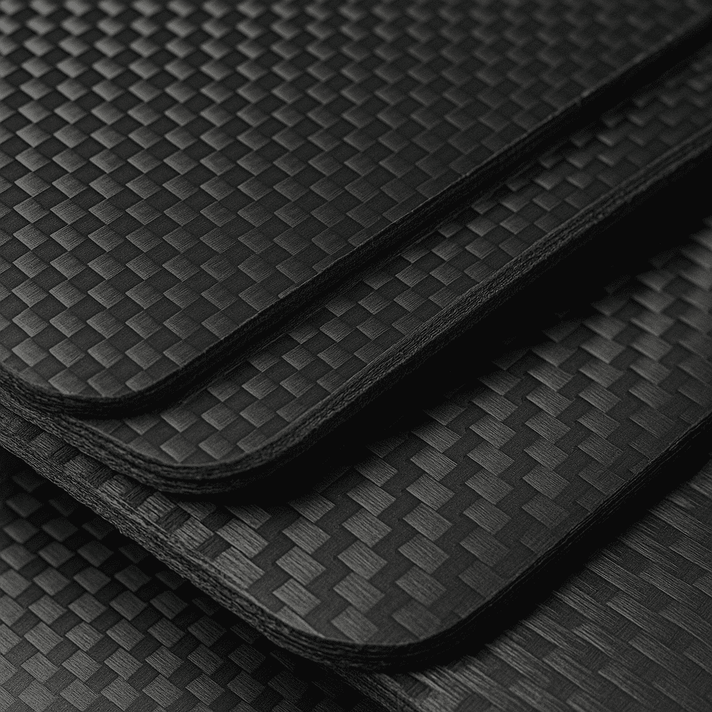 A close-up shot showing the texture and layering structure of carbon fiber