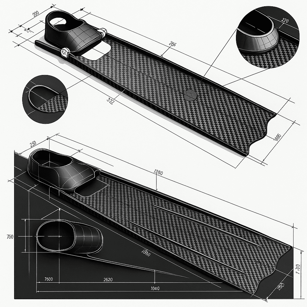 Plane design drawing of carbon fiber flippers