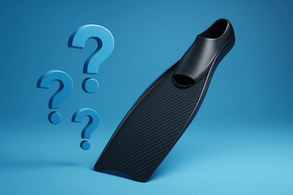 3D render of a sleek carbon fiber diving fin placed beside floating 3D question mark icons, set on a clean gradient blue background with soft studio lighting, professional product Q&A concept.

