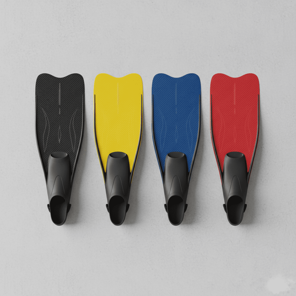 Display of carbon fiber flippers in multiple colors