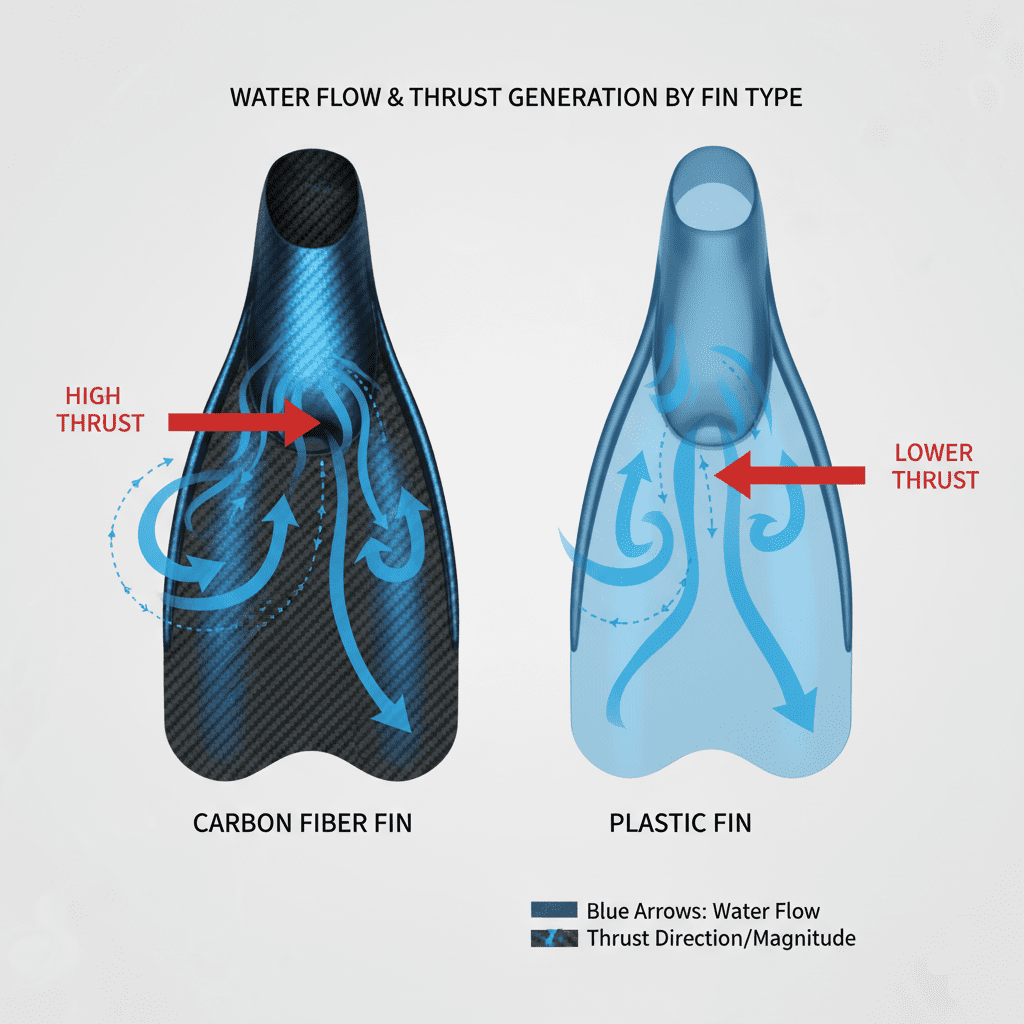 Diagram illustrating water flow dynamics with carbon fiber and plastic fins.