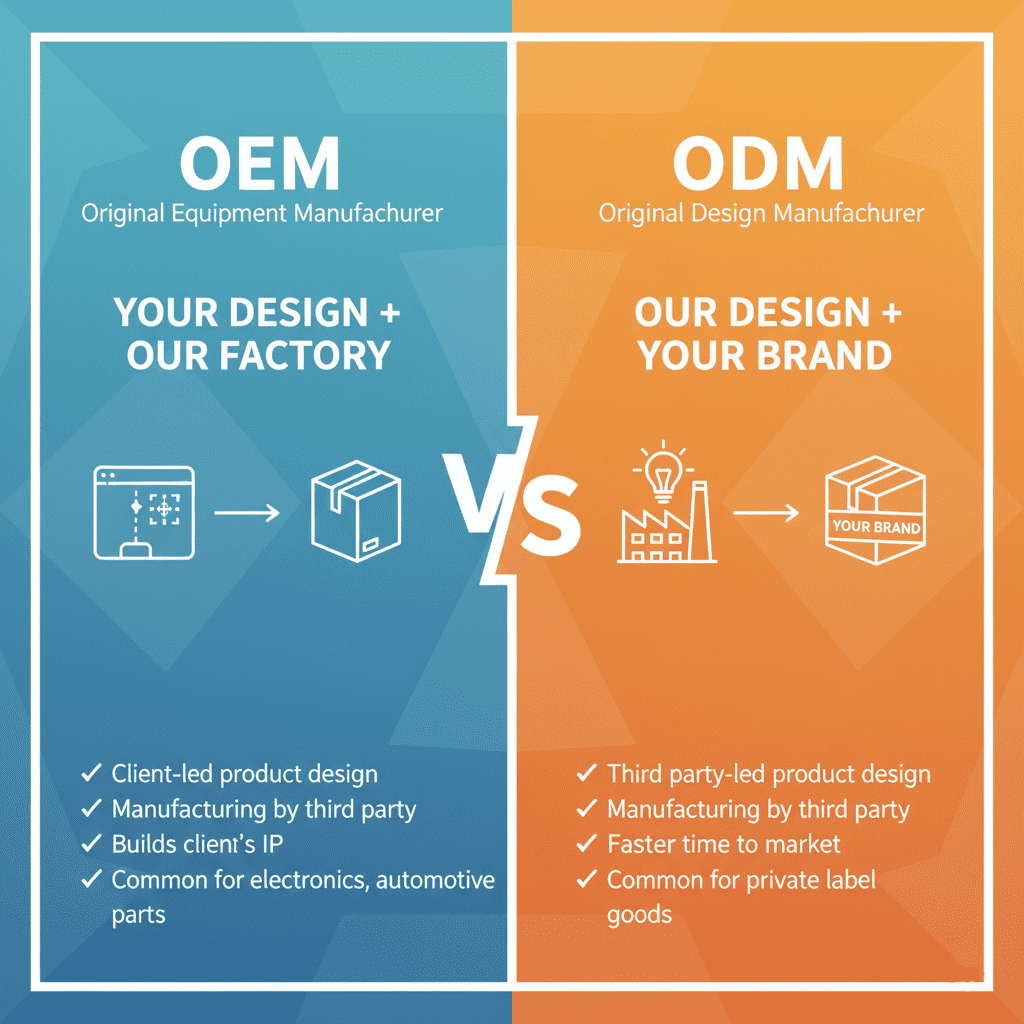 Infographic comparing OEM and ODM business models, showing Your Design + Our Factory vs Our Design + Your Brand.”