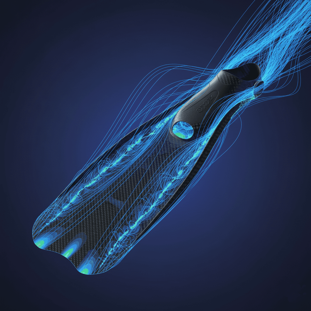 CFD simulation visualization of water flow around a carbon fiber fin with blue streamlines
