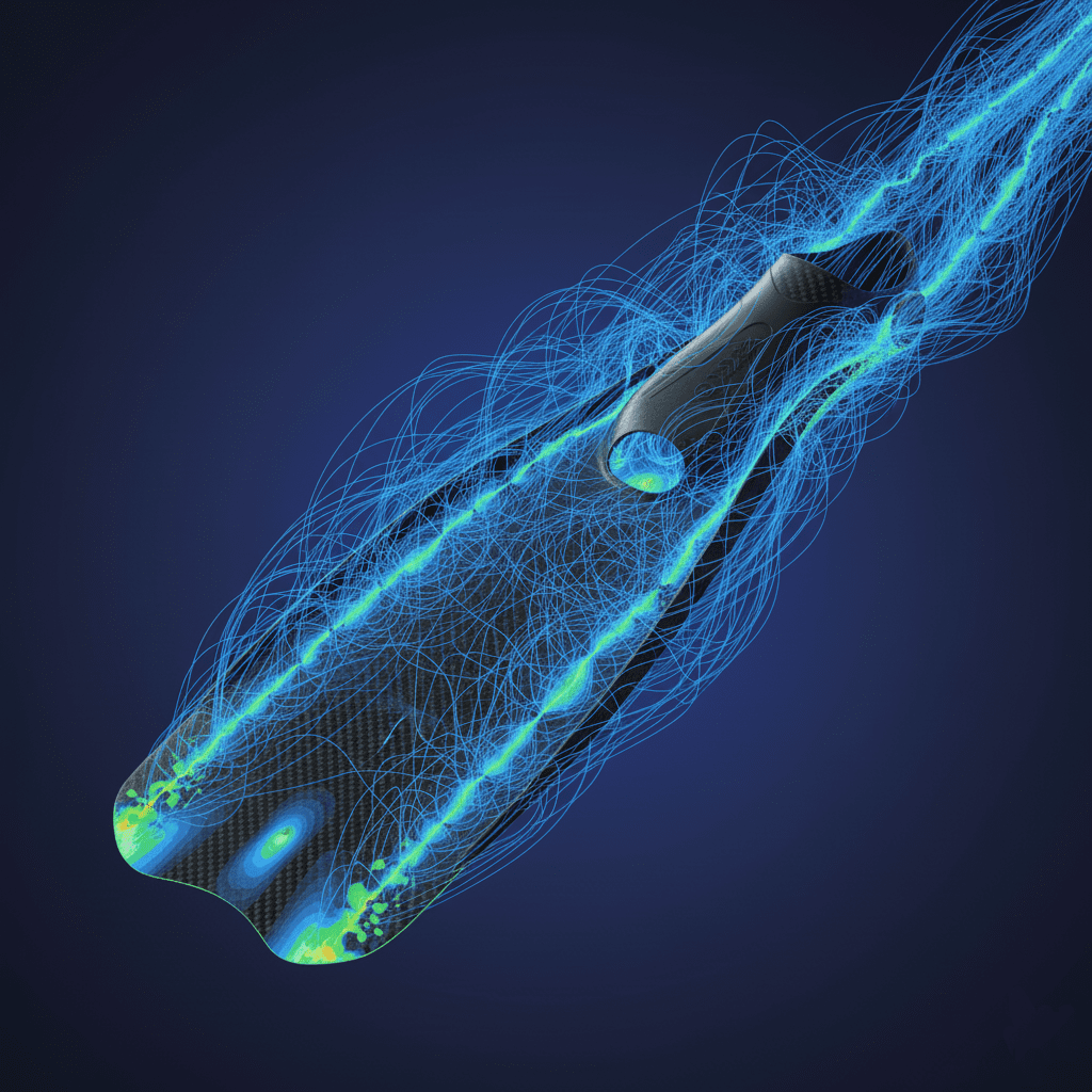 CFD simulation visualization of water flow around a carbon fiber fin with blue streamlines