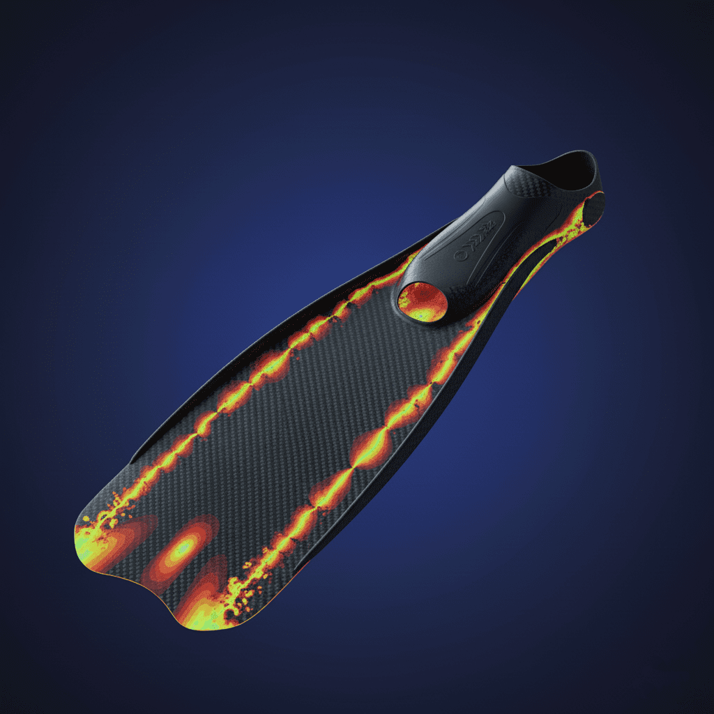 FEA stress analysis of carbon fiber fin, colorful stress map showing bending zones.