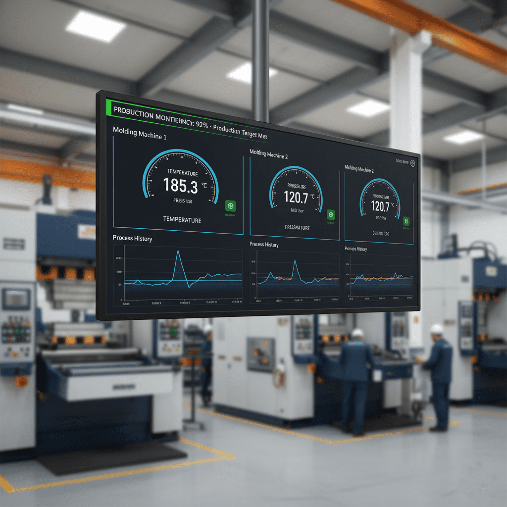 Factory MES system dashboard showing real-time temperature and pressure data from molding machines.