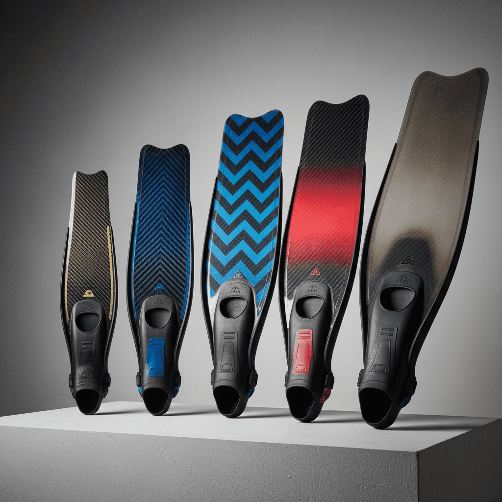 Multiple carbon fiber fins on white background showing different sizes, widths, and stiffness options