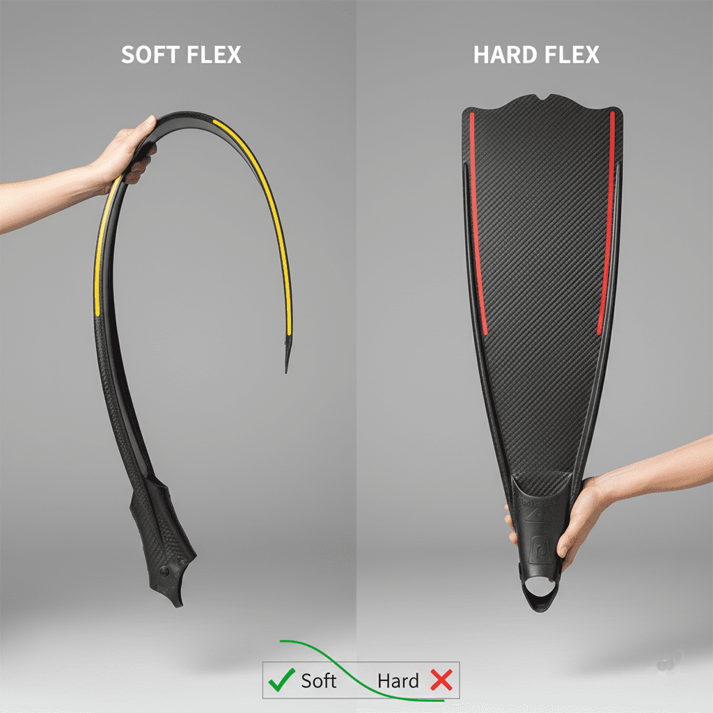 Two carbon fiber fins flexing side-by-side labeled soft blade and hard blade.