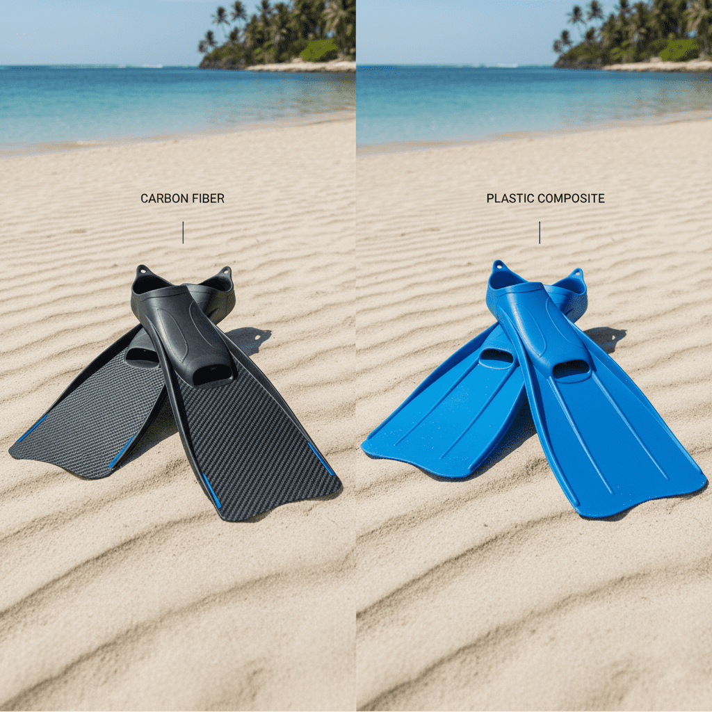 A comparison picture of carbon fiber flippers and plastic flippers