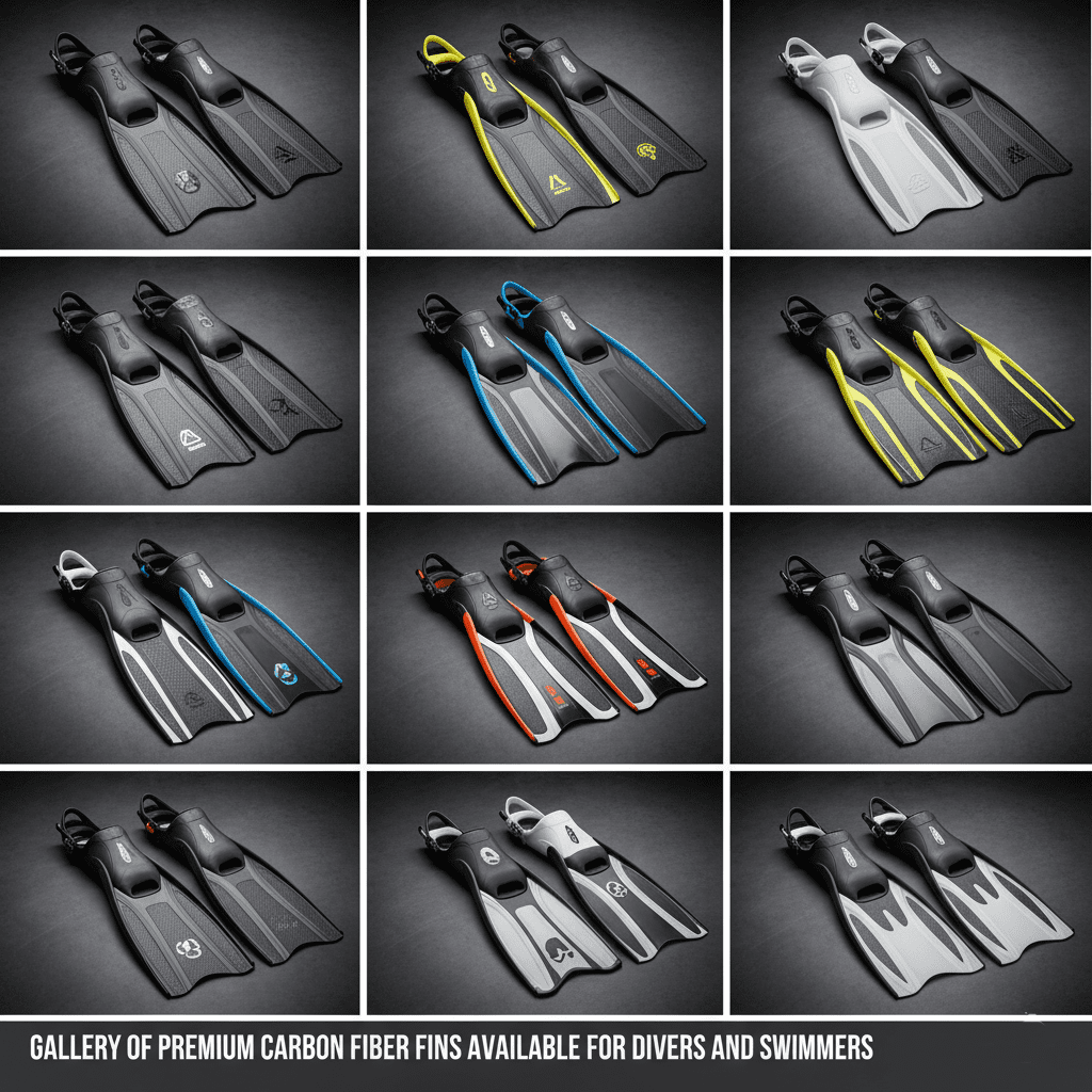 Gallery of premium carbon fiber fins available for divers and swimmers.