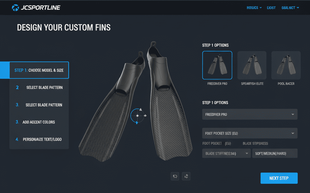 A screenshot showing the step-by-step process of customizing fins online.
