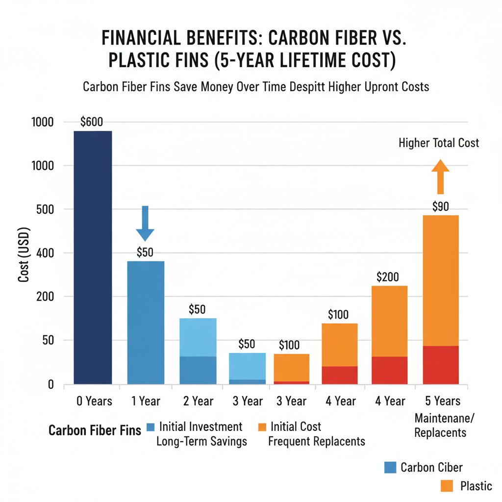 A bar graph illustrating how carbon fiber fins save money over time despite higher upfront costs.