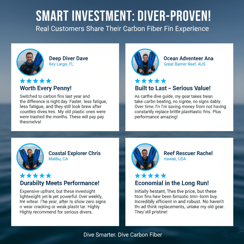 Quotes from users praising the comfort and performance of their personalized fins.