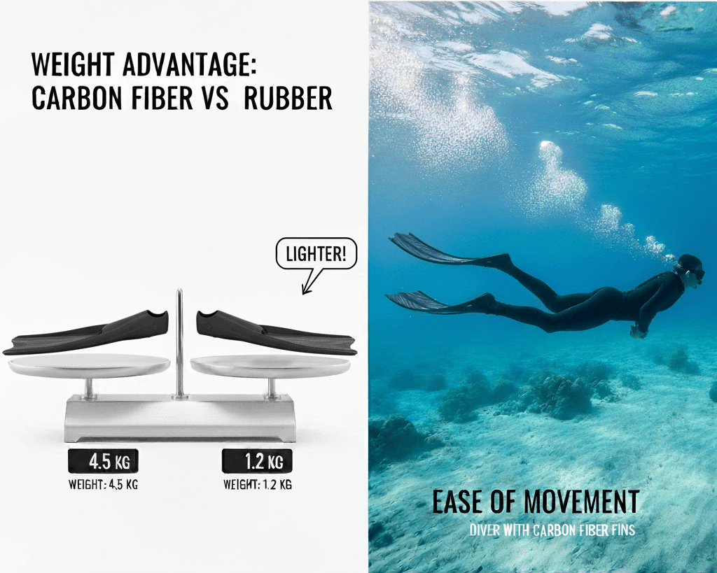 Scale comparison highlighting the lightweight advantage of carbon fiber fins.