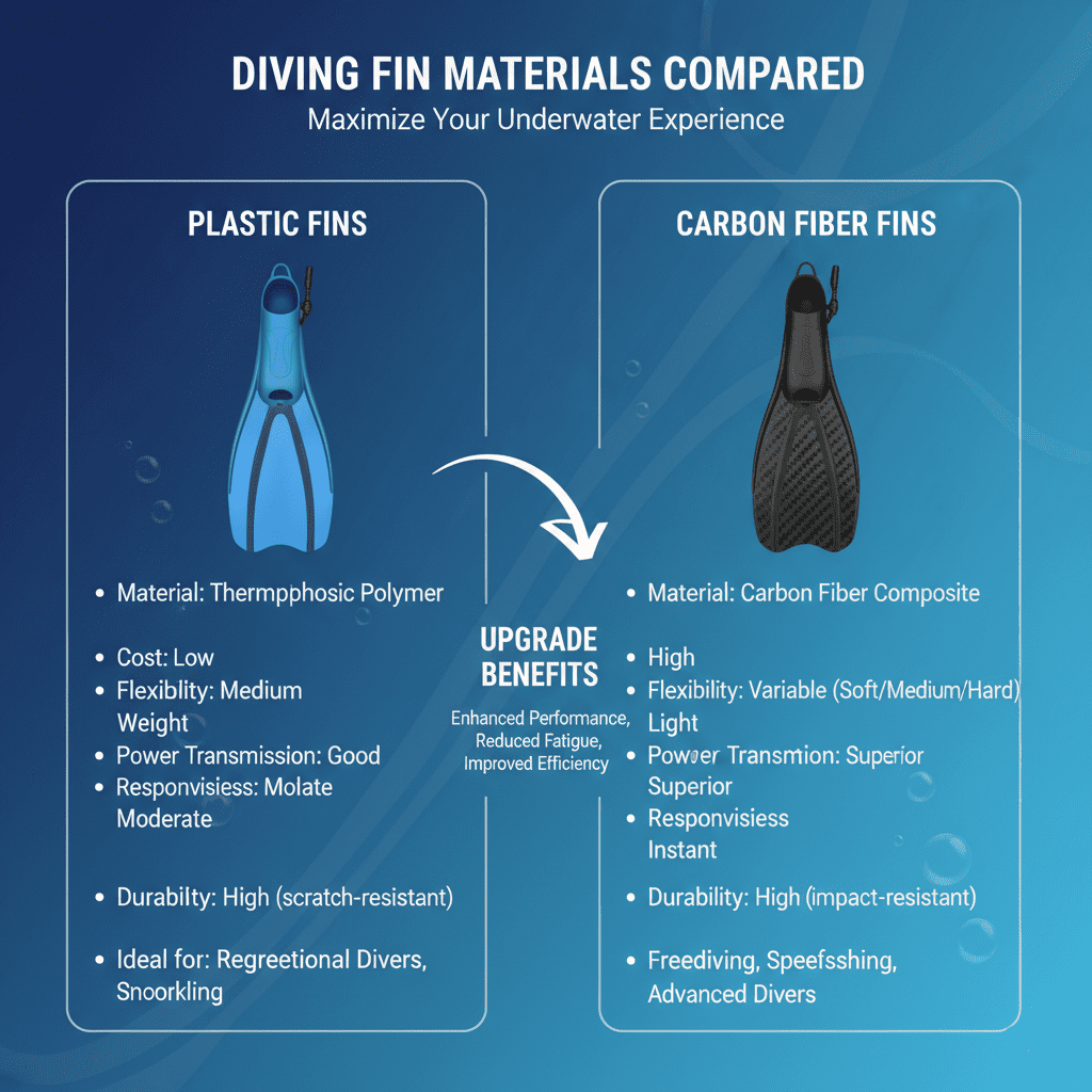 Comparison of diving fin materials highlighting the benefits of carbon fiber.