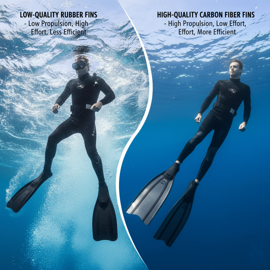 Visual contrast showing improved performance with carbon fiber diving fins