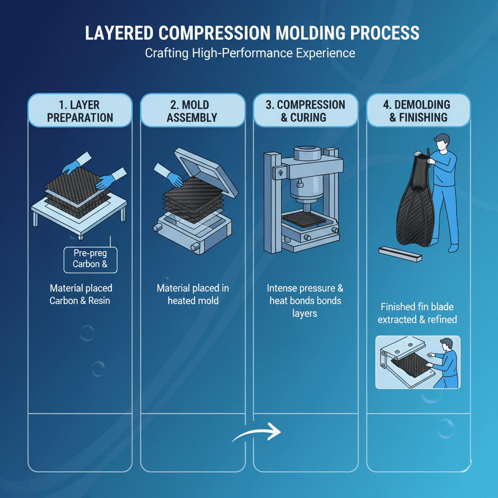 Step-by-step guide showing the layered compression molding process used in advanced fin manufacturing