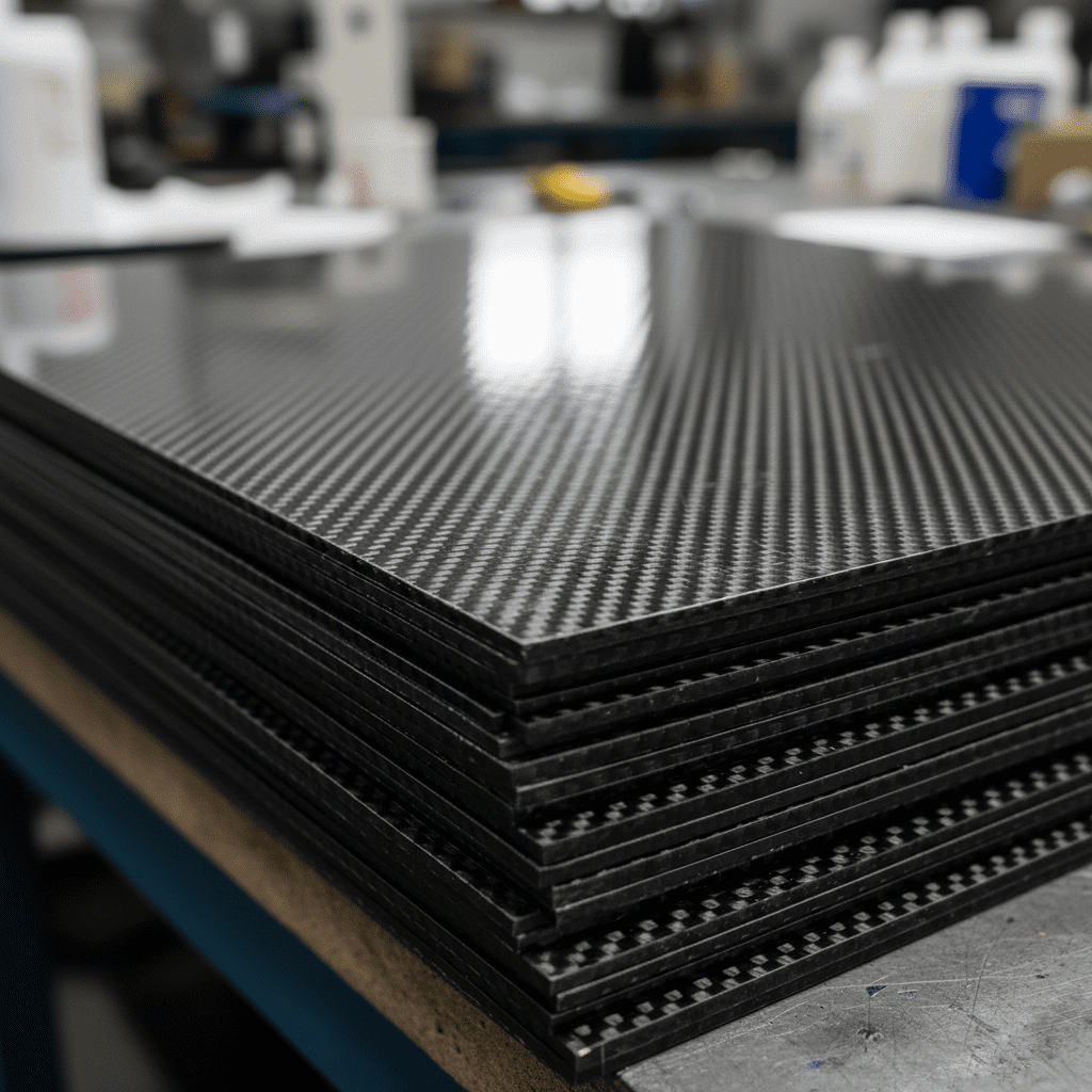 A close-up shot showing the texture and layering structure of carbon fiber