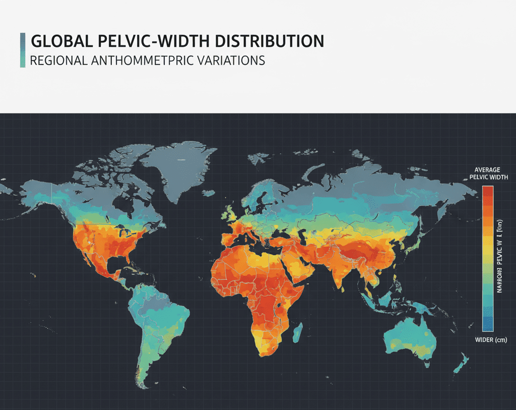Heat-map of pelvic-width distribution, showing regional variances. Alt Text: "Heatmap illustrating pelvic-width differences across global populations.
