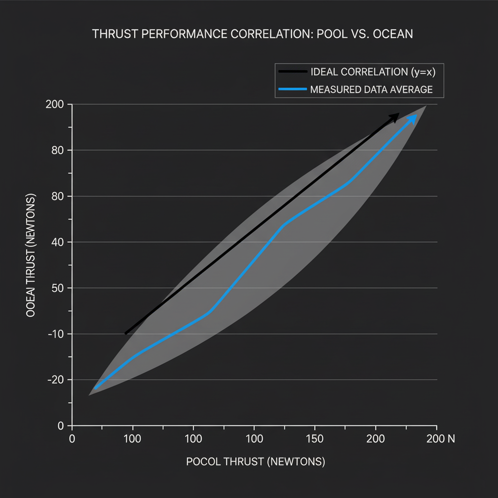 Line graph illustrating the relationship between pool thrust and ocean thrust, complete with a 95% confidence interval
