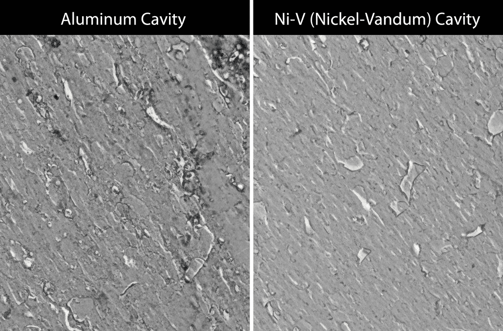 Microscopic comparison showing wear resistance of nickel-vanadium moulds versus aluminum.