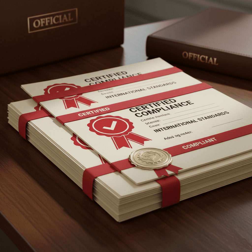 Digital portfolio displaying CE, REACH, and Prop 65 certifications for carbon fiber fins