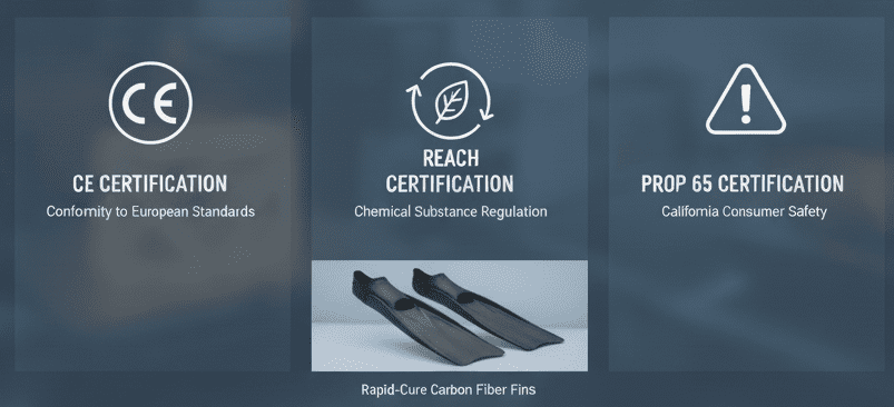 Digital portfolio displaying CE, REACH, and Prop 65 certifications for carbon fiber fins