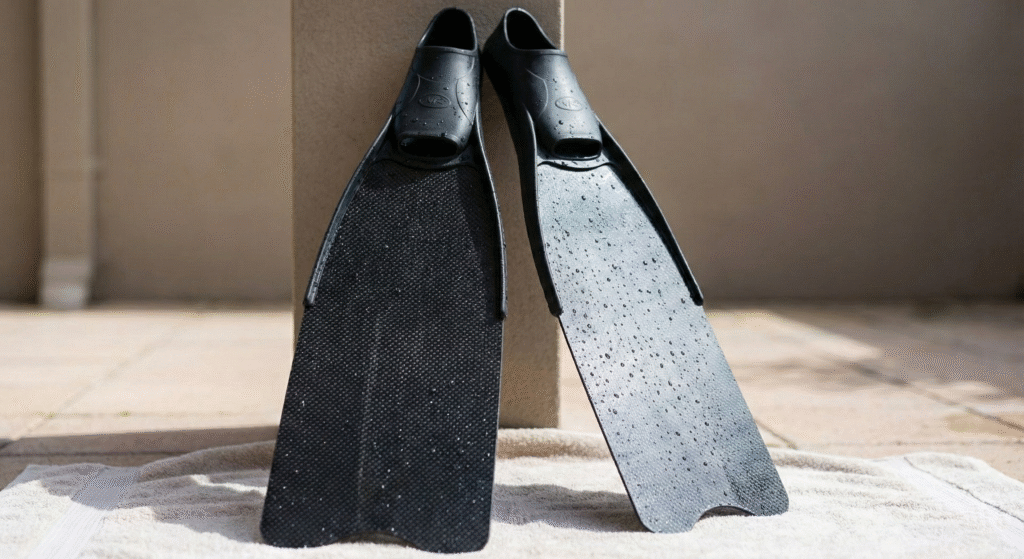 The fins are propped against a wall on a towel to air dry in a shaded location, protecting them from harmful sunlight.